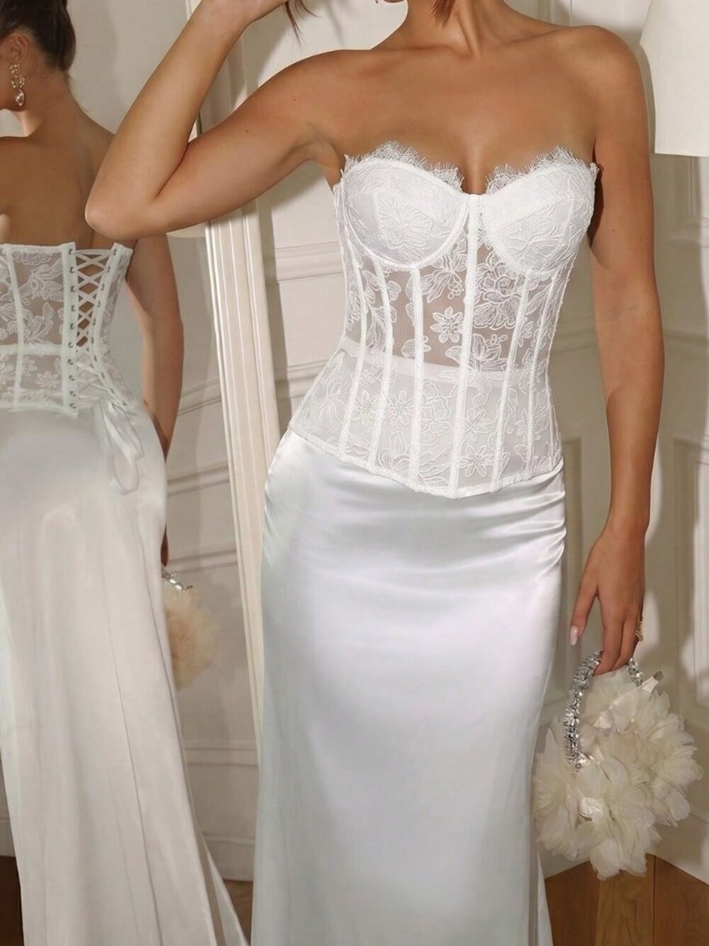 White Elegant Women's Lace Patchwork See-Through Corset Top